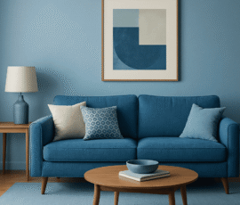Salon moderne avec mur en fond peint en bleu pastel