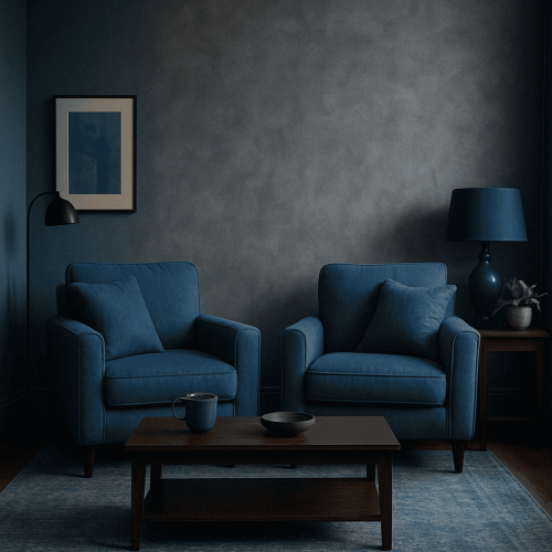 salon classe image d'un salon avec deux canapés dans une ambiance chic mur du fond avec de la peinture intérieure bleu